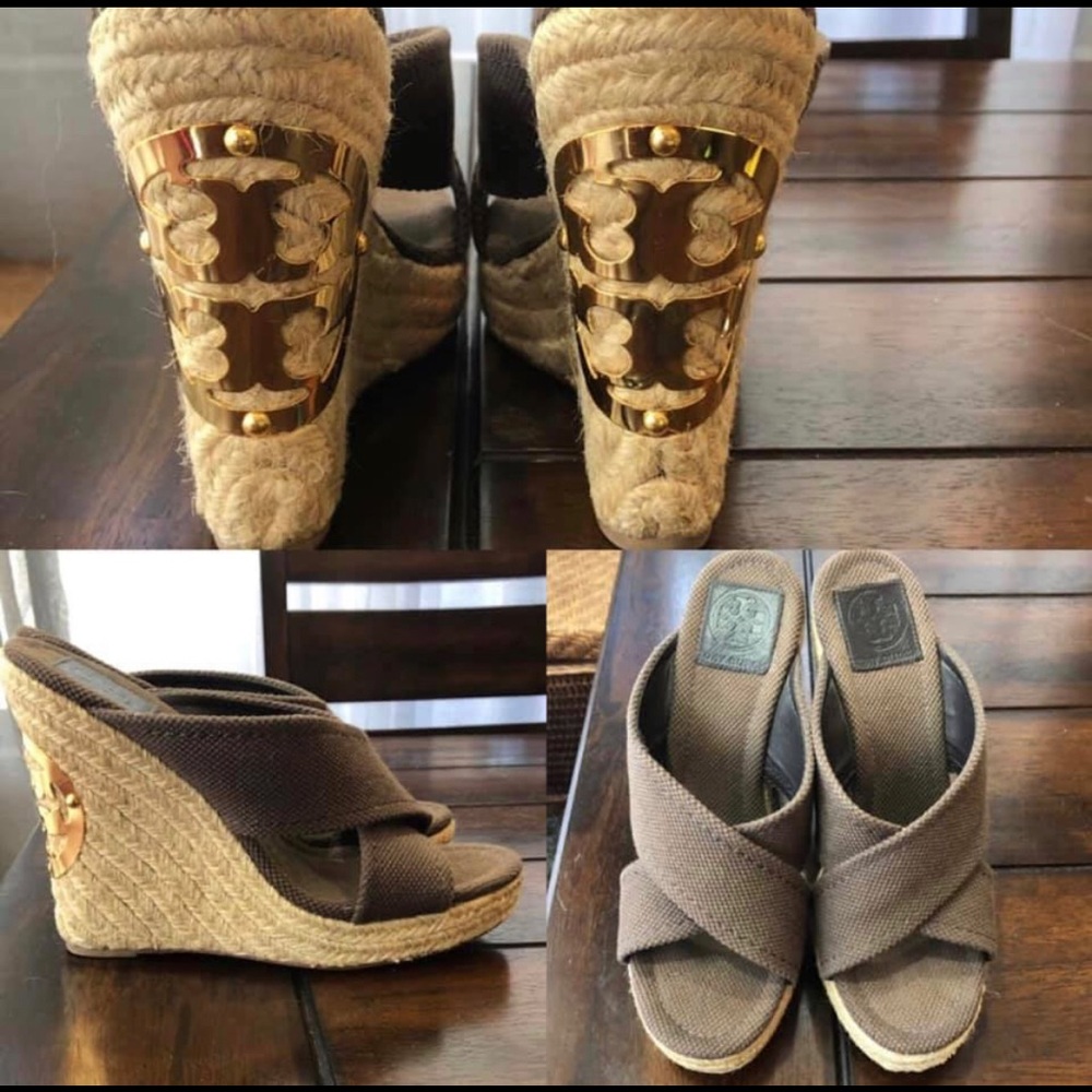 Tory Burch brown canvas logo espadrille wedge